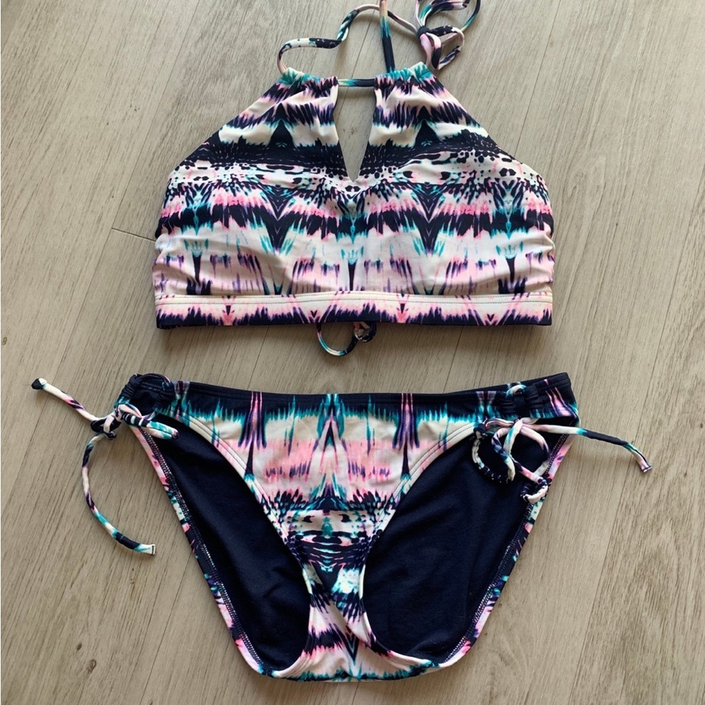 Athleta Navy and Multicolor Bikini Set Size S